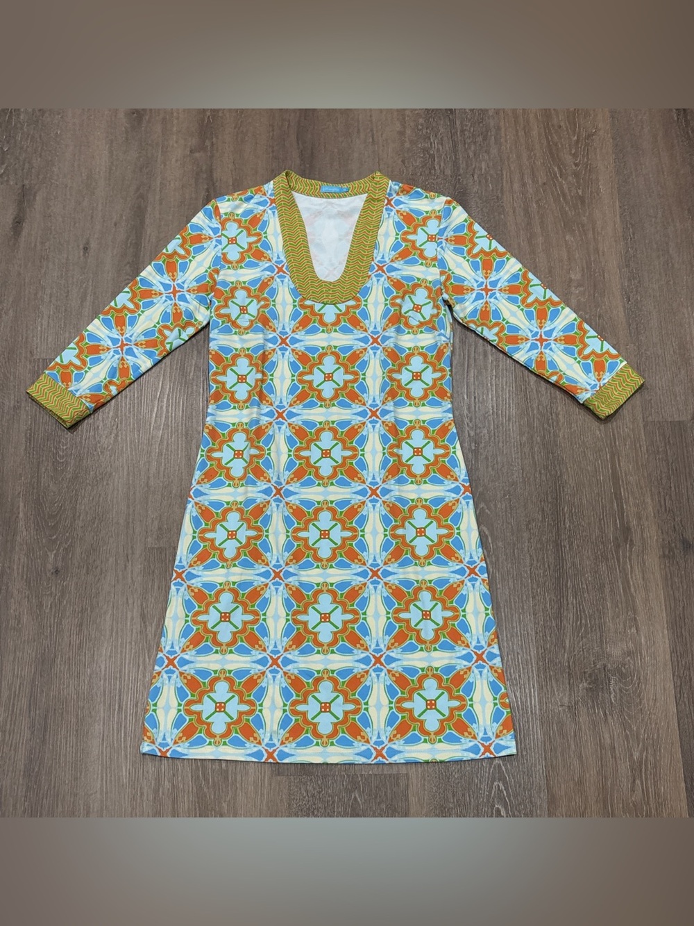 J McLaughlin Catalina Cloth Tunic Dress Geometric Tile Print Shift 3/4 Sleeve XS